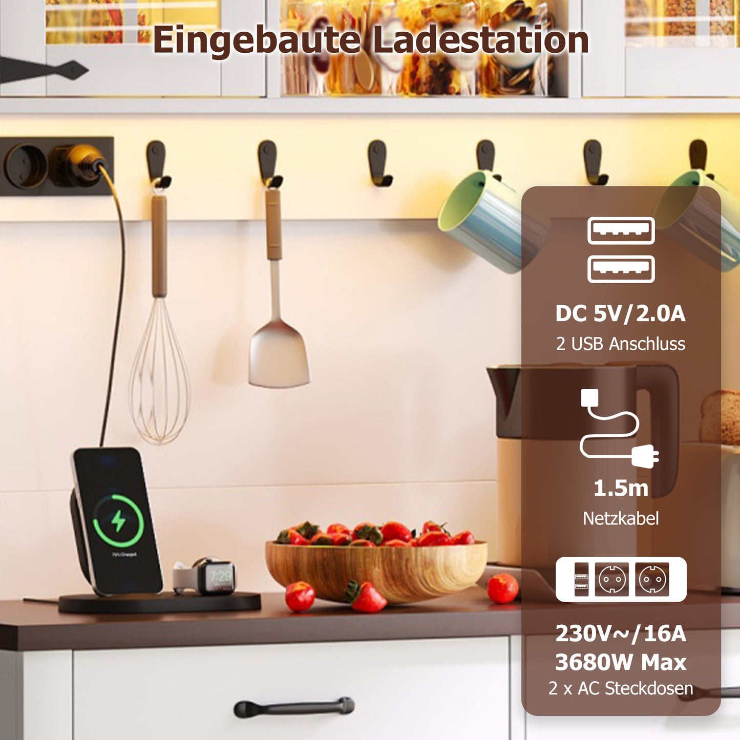 Kitchen Cabinet, Buffet Cabinet, Sideboard With Socket And LED Lighting, Kitchen Furniture With Worktop, 6 Drawers, Adjustable Shelves, Hooks, 180 X108 X40 Cm, White