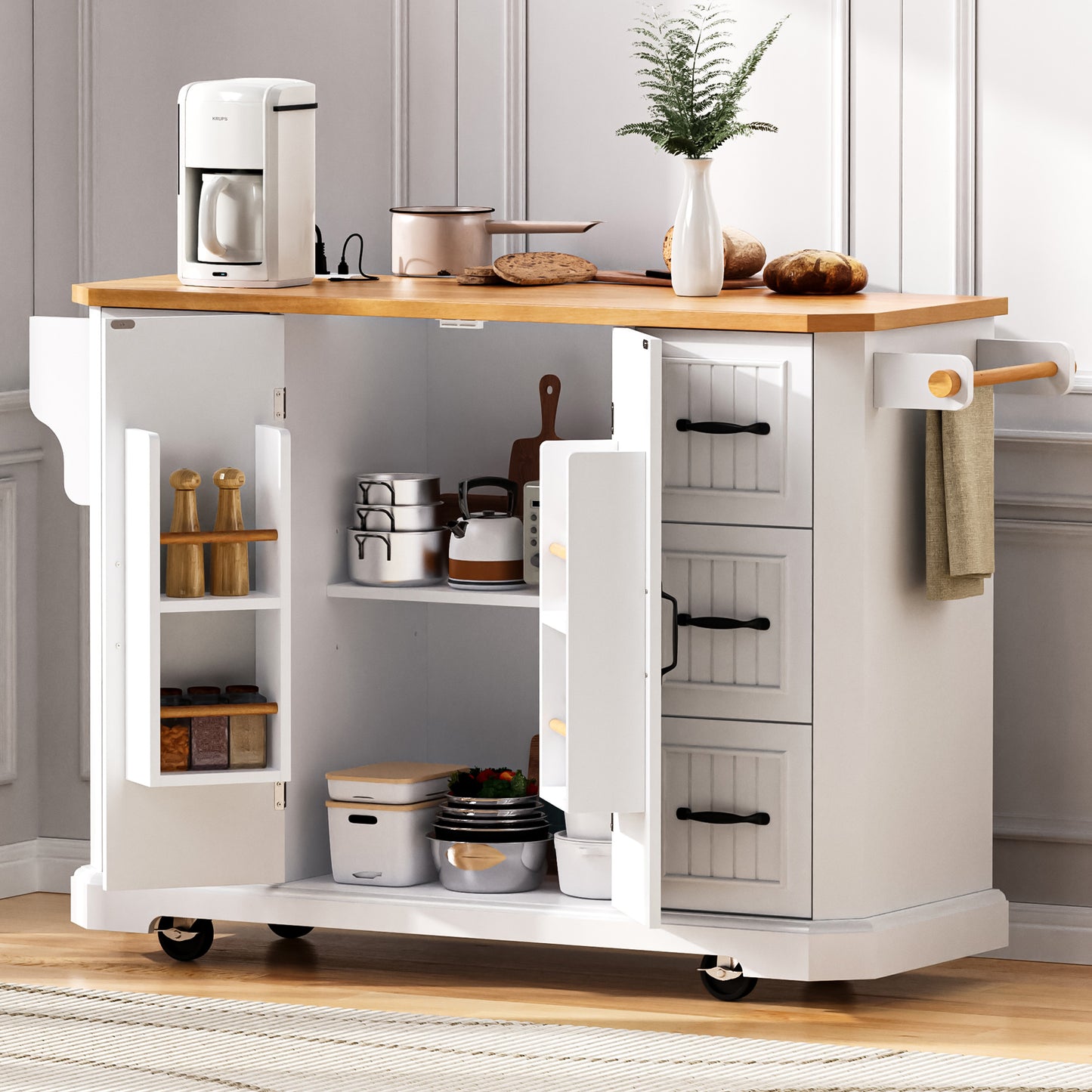 K&K 56 Inch Kitchen Island With Rubber Wood Veneer Drop Leaf, Power Outlet, 4 Door Shelves, Embossed Vertical Stripe Rolling Kitchen Cart On 4 Wheels With 6 Deep Drawers For Kitchen, Dining Room,White