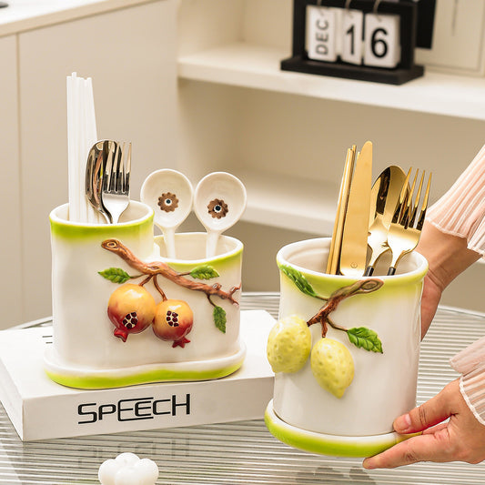 Underglaze Ceramic Chopstick Holder - Cutlery Organizer Rack for Kitchen Tableware - Dish Drainer