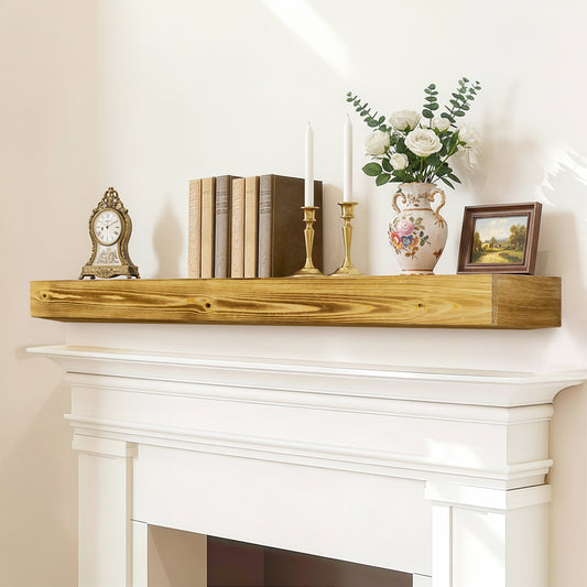 60  Fireplace Mantel, Rustic Fireplace Mantle Shelf With Invisible Brackets, Handcrafted Wood Floating Fireplace Mantel, Wall Mounted Fireplace Mantel Shelf For Living Room Decor, Wood Color