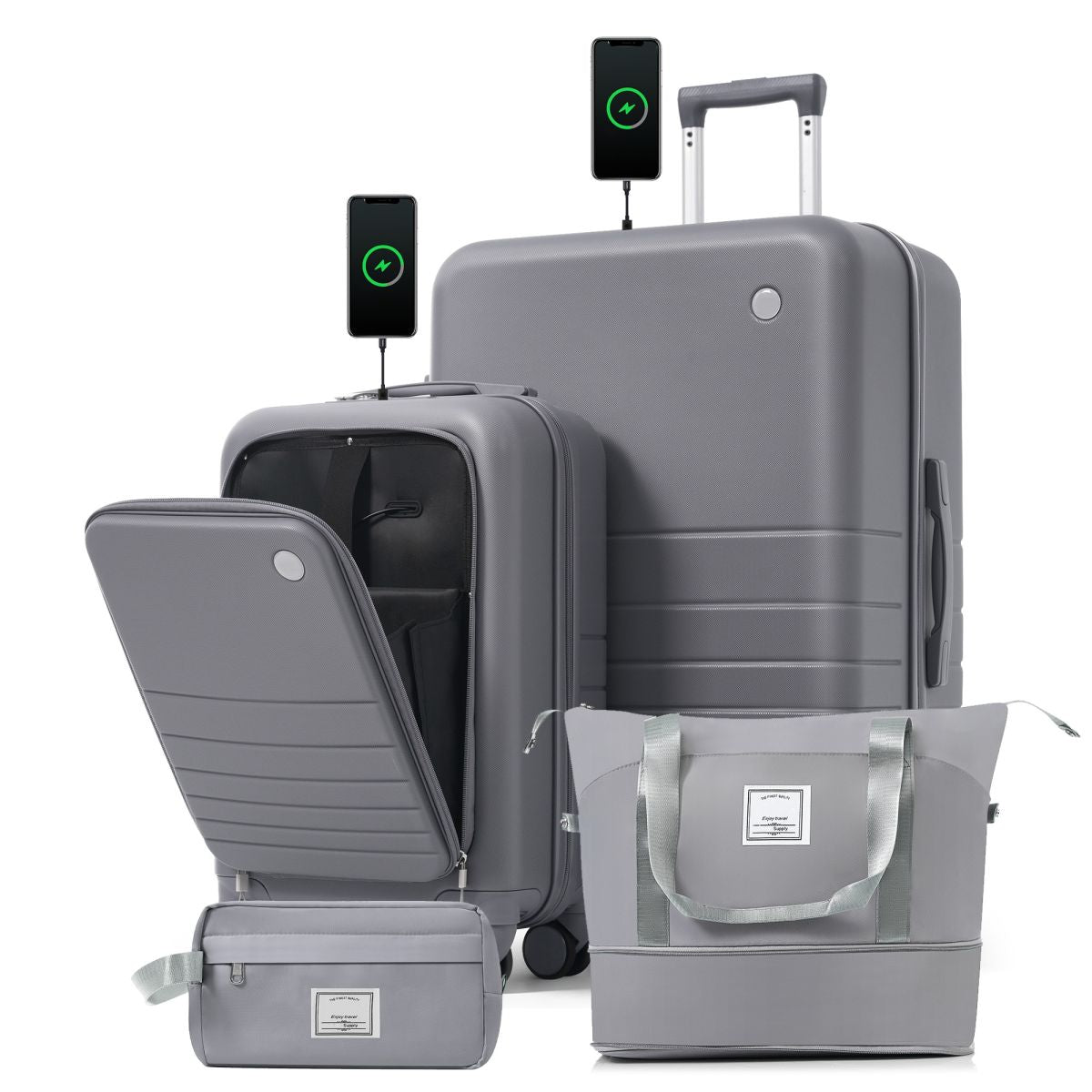 4-Piece Luggage Set with USB Charging Ports - 20in Carry-On (Front-Opening for Laptop) 28in Checked Suitcase with TSA Lock Travel Duffel Bag Wet-Dry Toiletry Bag, grey