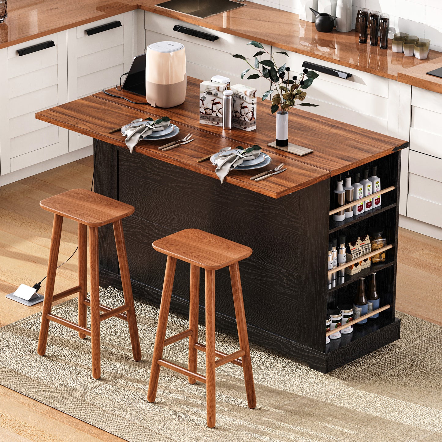 K&K 53  Farmhouse Kitchen Island With Two Tempered Glass Cabinet Doors, Power Outlet, Rolling Kitchen Cart On Wheels With Drop Leaf, 5 Open Side Racks, 3 Drawers, For Kitchen, Dining Room, Black