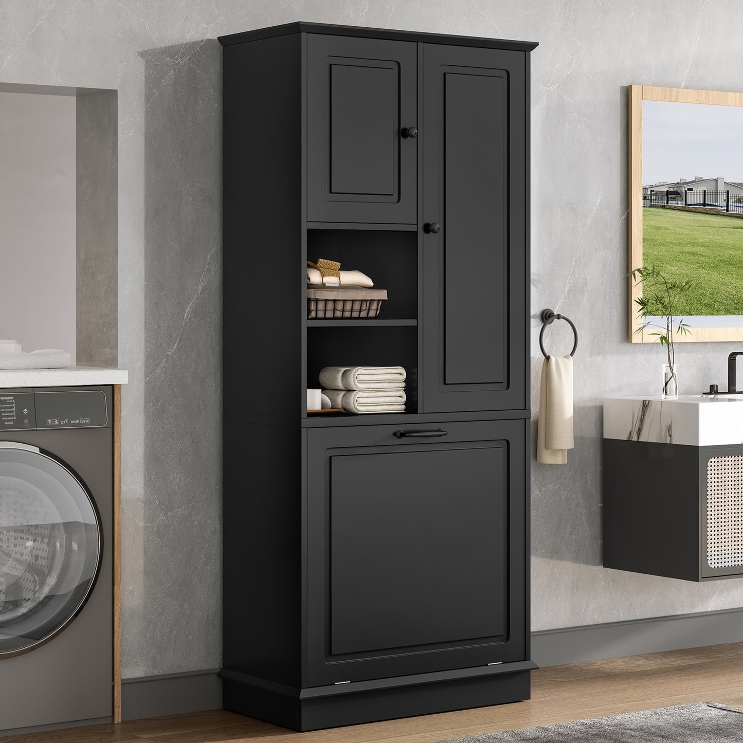 Tall Storage Cabinet With Adjustable Shelves, Large Flip-Out Basket & Enclosed Cabinets -  Perfect For Bathroom, Living Room, Or Office, MDF Material With Aluminum Alloy Handles