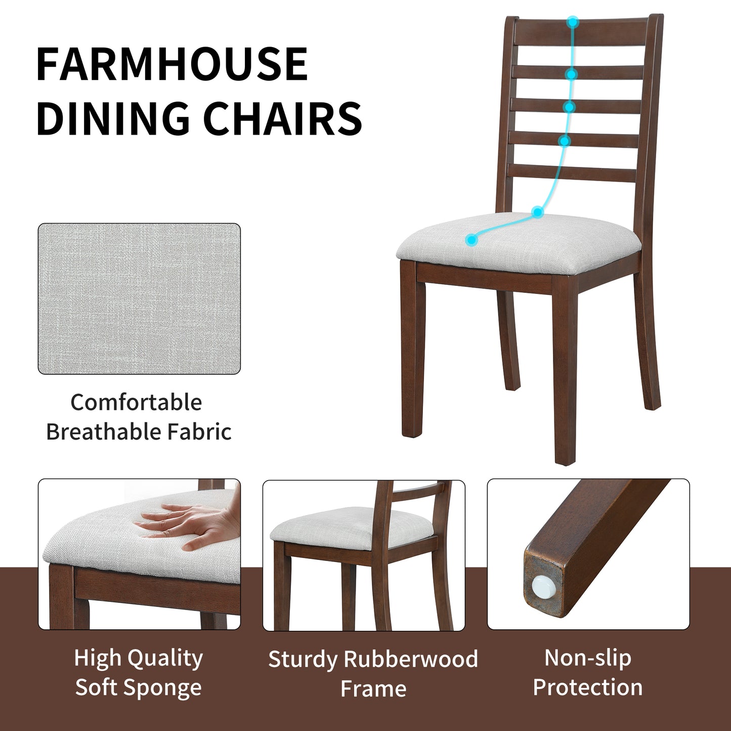 4-Piece Farmhouse Dining Chairs Set, Upholstered Dining Chairs With High Ladder Back, Classic Armless Chairs For Kitchen, Bedroom & Living Room, Walnut