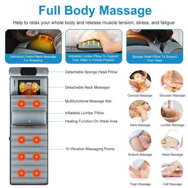 Full Body Electric Massage Mat With Heat Vibration Massage Pad Cushion Back Massage Mattress Chair Pad With Neck Massager Lumbar Pillow With 10 Vibration Motors 3 Timers Anti-Slip Bottom Earplugs