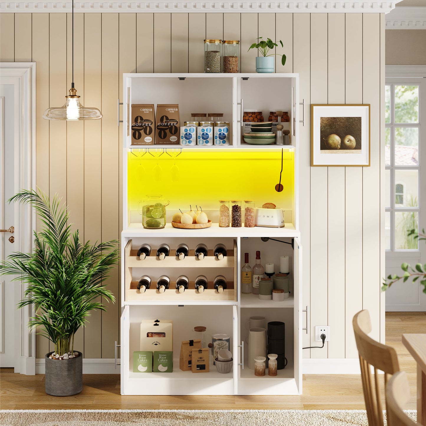 Kitchen Pantry Cabinet, White Kitchen Cabinet With RGB LED And Socket, Tall Pantry Cabinet With Wine Glass Holder & Wine Rack, Modern Kitchen Cabinet With Glass Fronts, 100x40x180 Cm