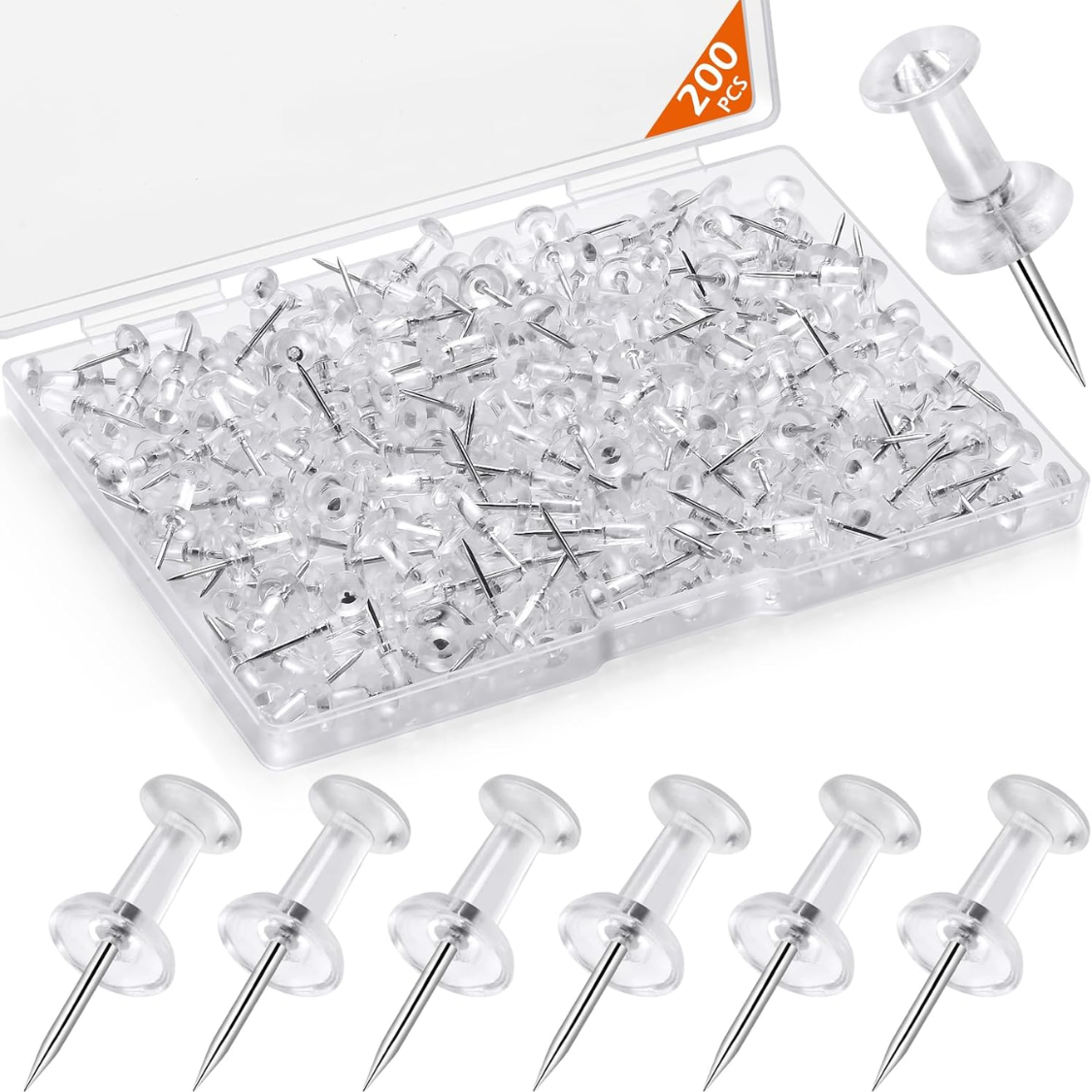 200 Pcs Push Pins Tacks, Thumb Tacks For Wall, Clear Plastic Head, Steel Point, Decorative Push Pins, Standard Thumb Tacks For Bulletin Board, Corkboard, Map, Calendar, Photo, Home, Office