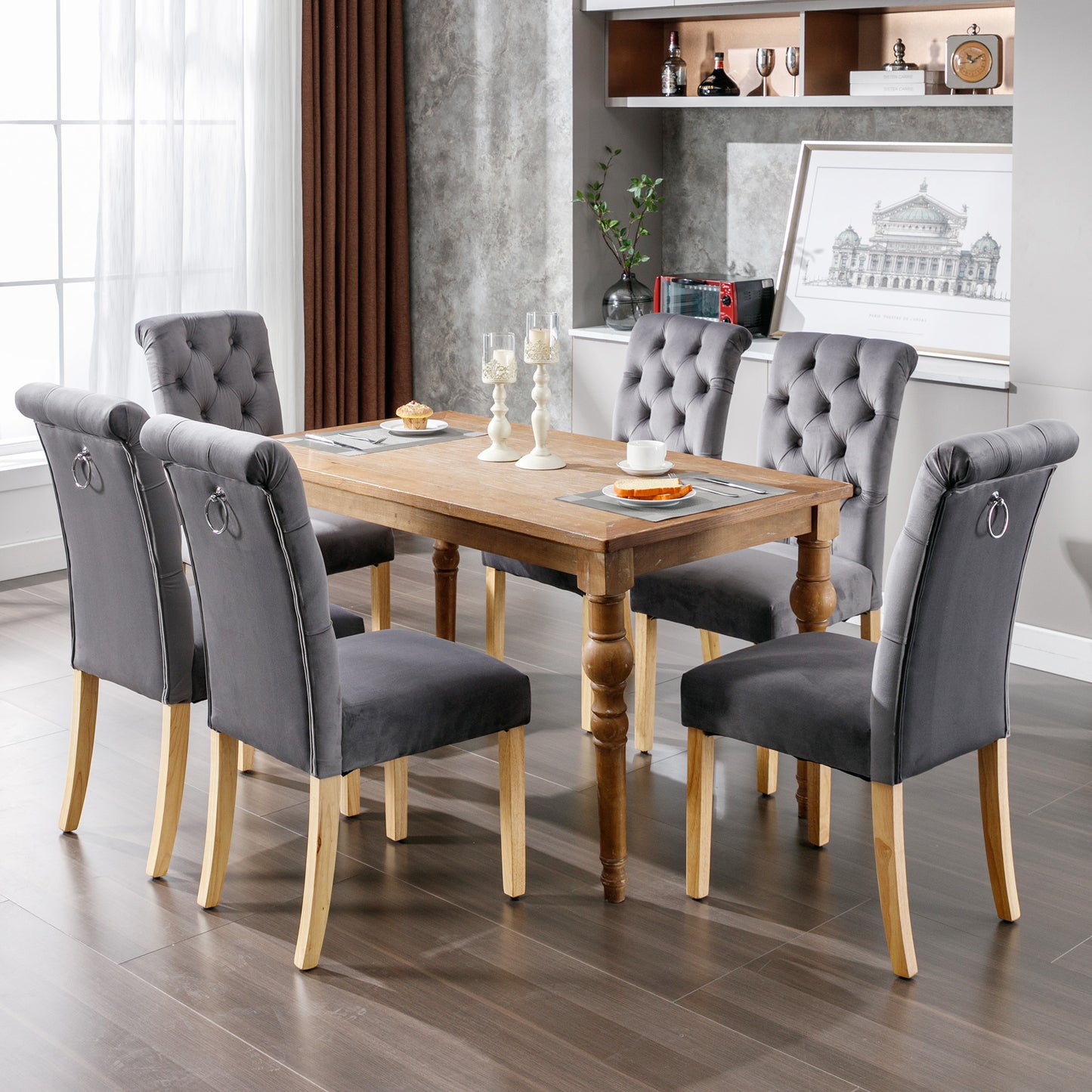 Velvet Dining Chairs Set Of 6 With Oak Legs, Knob, Chrome Knocker Bedroom Chair Kitchen Chair Living Room Lounge Leisure Chair, Gray
