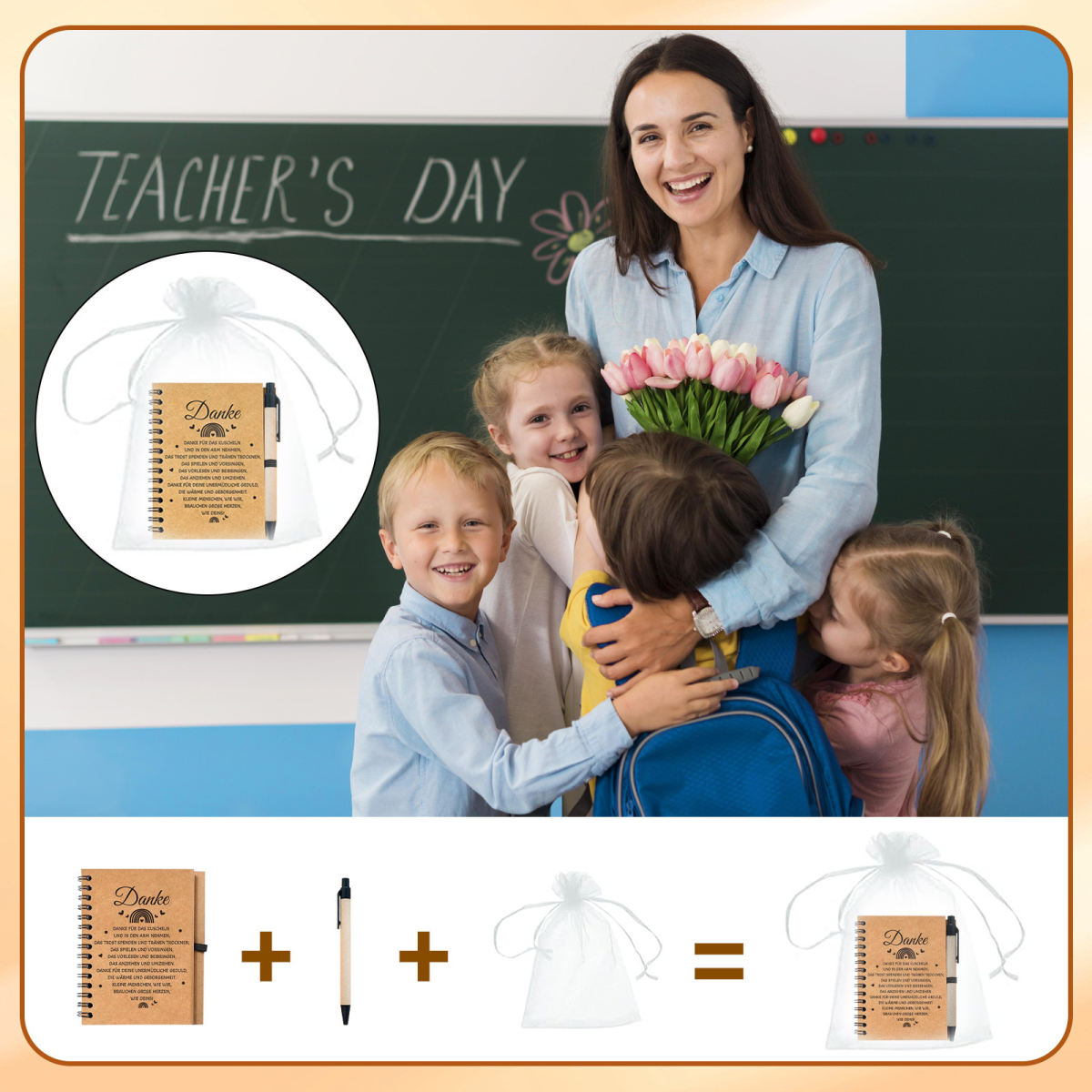 Teacher Thanksgiving Gift Set: 12 "Schön Dass Du Da Bist" Power Cards With 6 Notebooks, Pens & Organizer Party Accessories Set