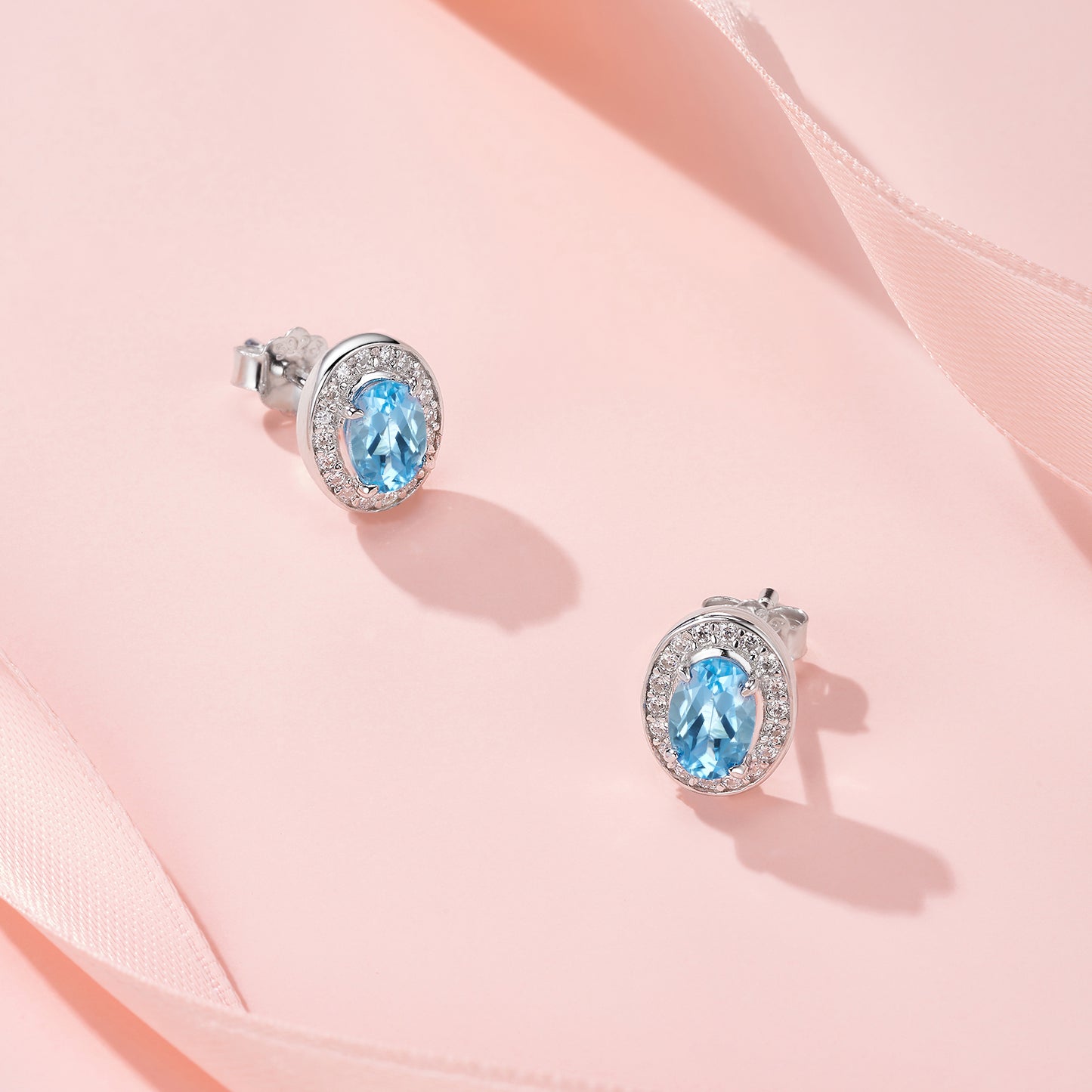 1.65g S925 Sterling Silver Halo Stud Earrings For Women  Oval Cut Blue Topaz & Moissanite, Platinum Plated Jewelry Gift Box Set