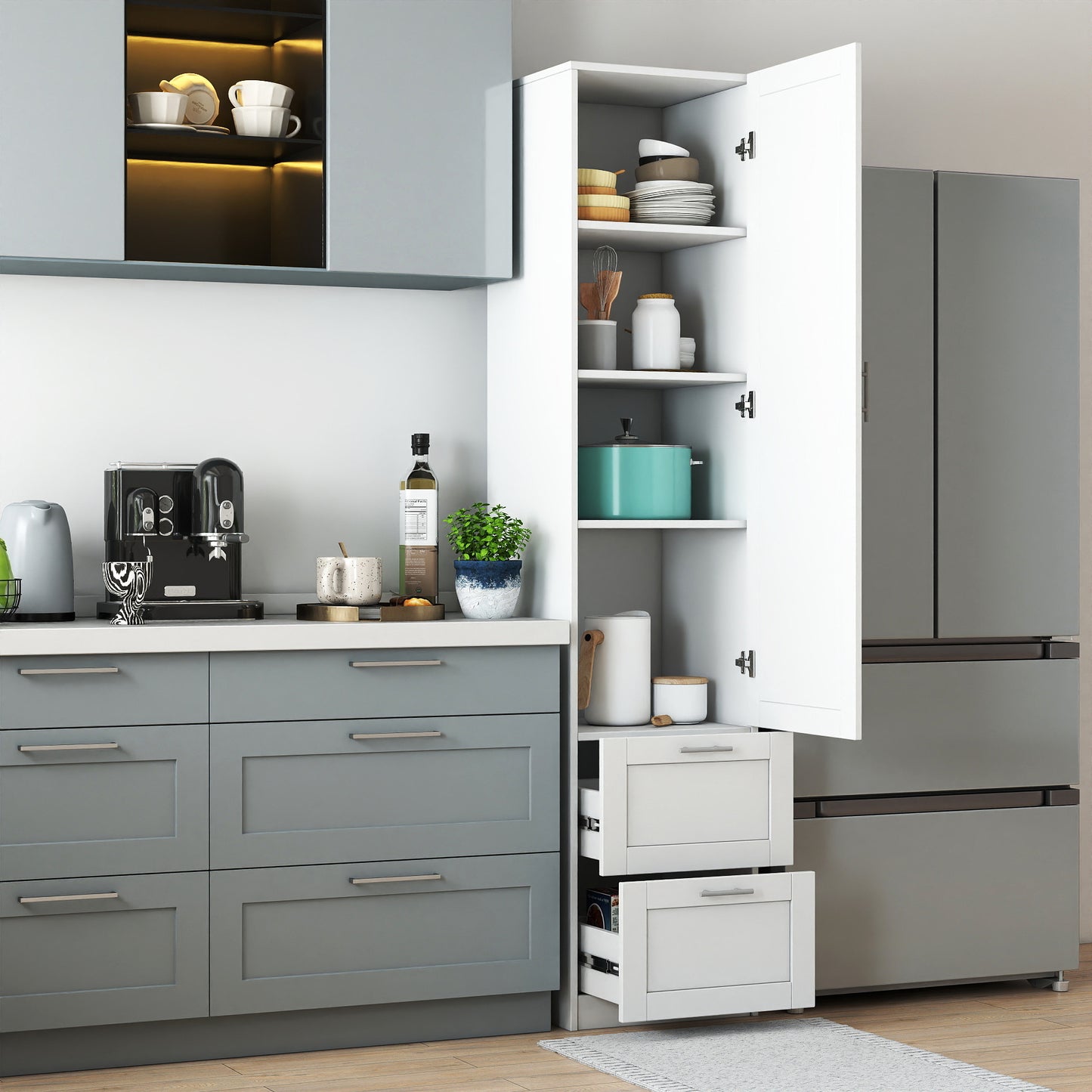 Standard Kitchen Pantry,Tall Cabinet,Freestanding Cabinet With  One Door  And Two Drawers For Kitchen, Dining Room, White