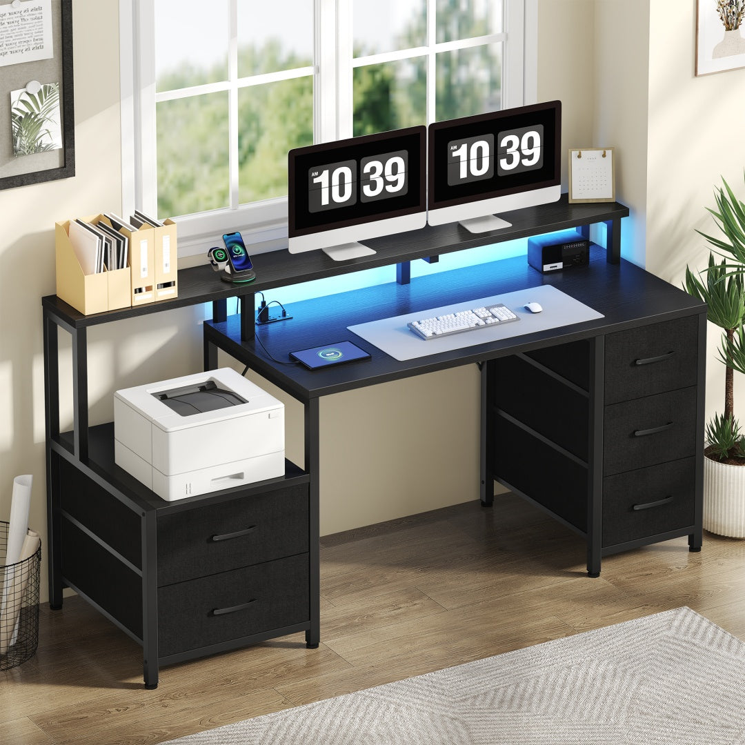 67-inch Computer Desk, Equipped With 5 Drawers And A Monitor Stand. The Gaming Table Comes With LED Lights And Power Sockets. The Printer Cabinet.