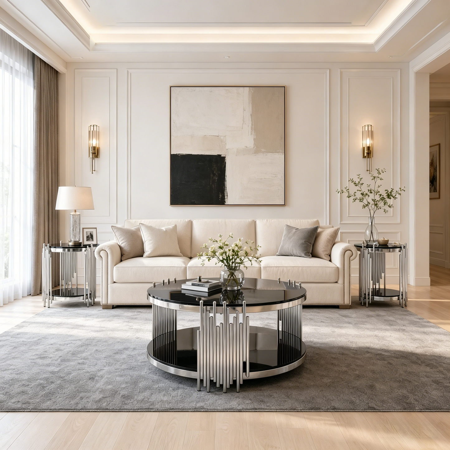 80cm Modern Black Glass Coffee Table,Luxury Living Room Tables With Double Glass Top,Round Cofe Table With Silver Steel Base,Sofa Table Glass Circle Top,Center Table For Living Room Home Office