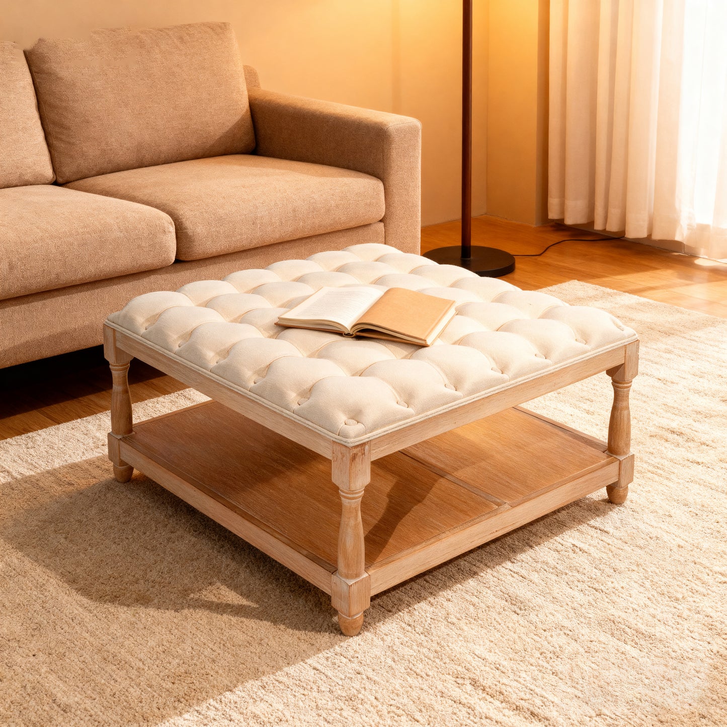 33 Inch Large Square Ottoman Coffee Tables For Living Room, Tufted Upholstered Linen Ottoman With Storage Shelf And Solid Legs For Office Bedroom Farmhouse  Beige