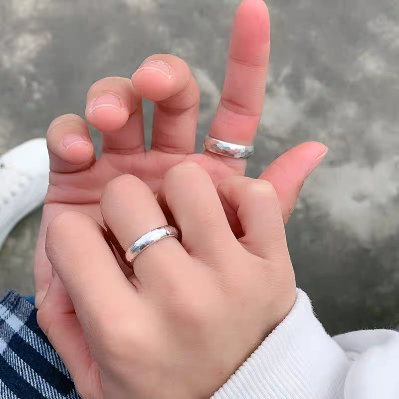 1 Pair 999 Sterling Silver Hammered Texture Couple Rings, Minimalist Retro Promise Rings, Ideal Valentine's Day Gift For Lovers