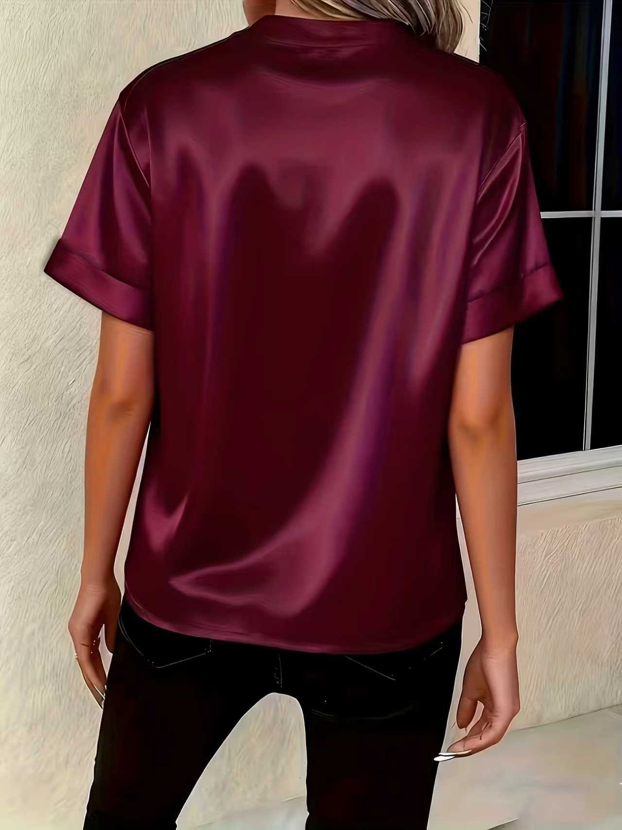 Women's Satin V-Neck Short Sleeve Blouse - Elegant Stand Collar Office Wear Top, Multiple Colors Available