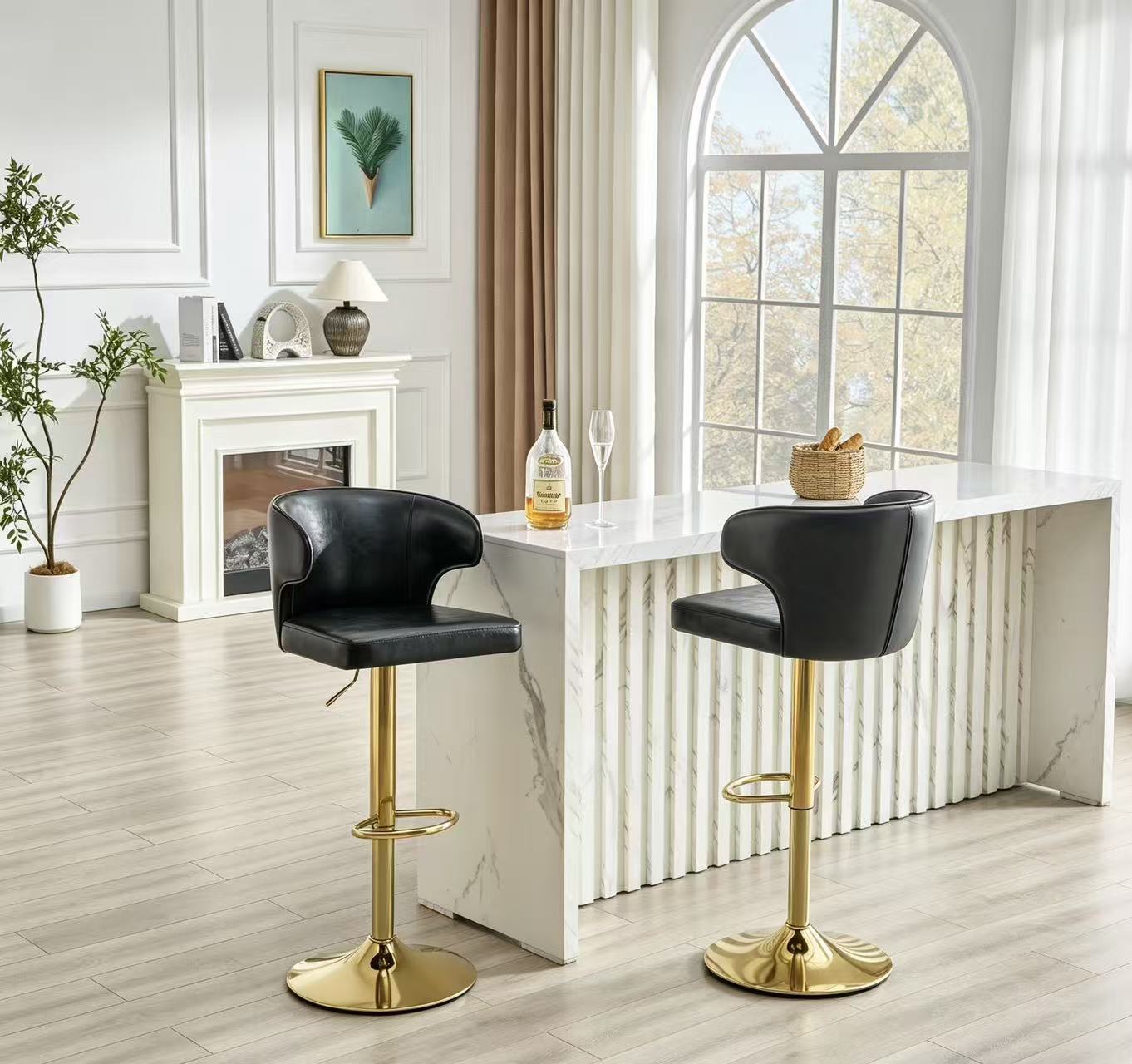 Modern Rotating Adjustable Bar Chair, PU Leather Belt Backrest Swivel Chair, Suitable For Kitchen Bar Counter And Dining Room, Adjustable Height, Capable Of Bearing 300 Pounds  Black -2 Pieces