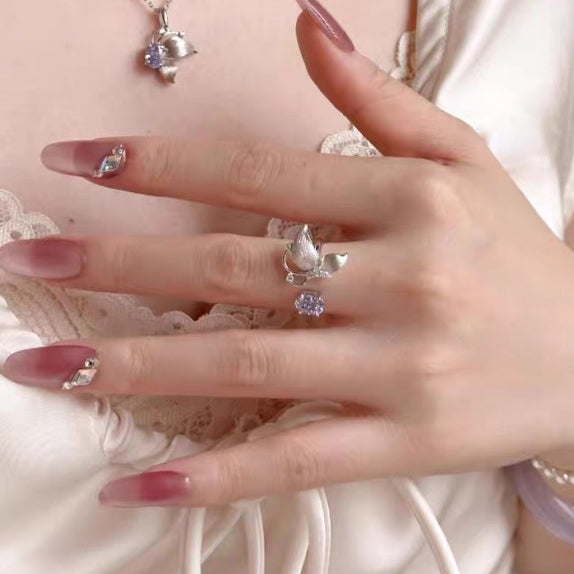 1pc 999 Sterling Silver Butterfly Purple Zircon Open Ring, Sweet & Elegant Style, Perfect For Daily, Dating & Gifting, Ideal Valentine's Gift