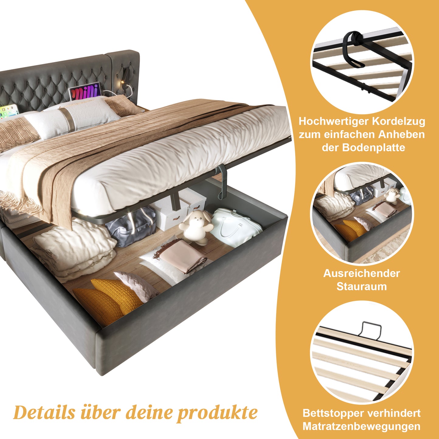 AB30260567G Bedding Bedroom Complete Set,Upholstered Bed Hydraulic Storage Bed Double Bed 180x200 Cm With 2 Bedside Tables, Headboard Reading Light With USB Charging Function, Grey, Velvet
