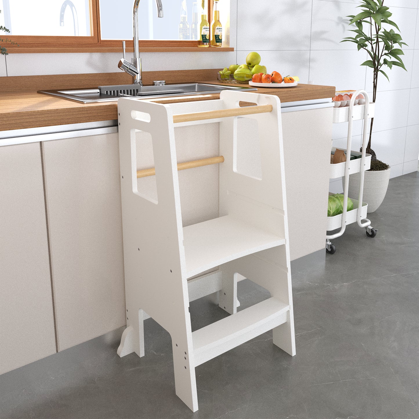 Kids Standing Tower, Child Kitchen Step Stool Toddler Wood Stepping Stool - Children's Montessori Stool - Adjustable Height, Ideal Kids Kitchen Step Stool For Learning New Skills, White