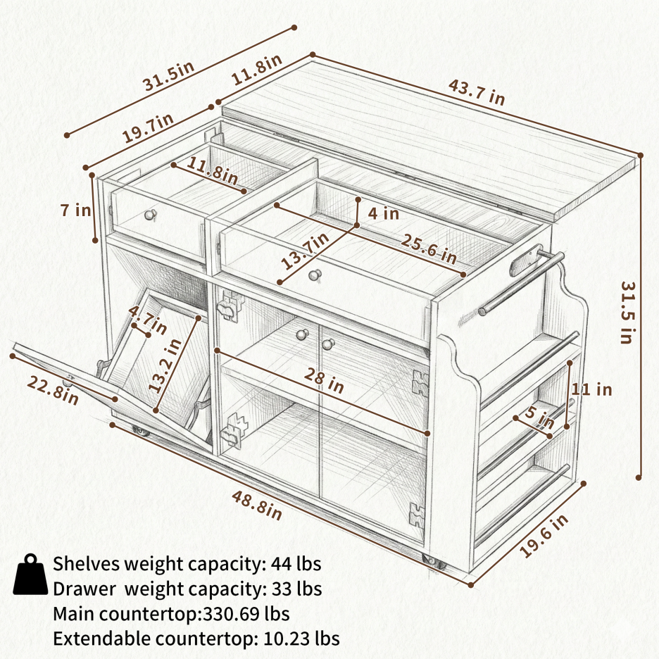 Kitchen Island With Storage Rolling Kitchen Island Cart With Drop Leaf Extension, Natural Wood Top, Drawers, Spice Rack, Towel Bar, Mobile Kitchen Cart For Kitchen & Dining Room, White