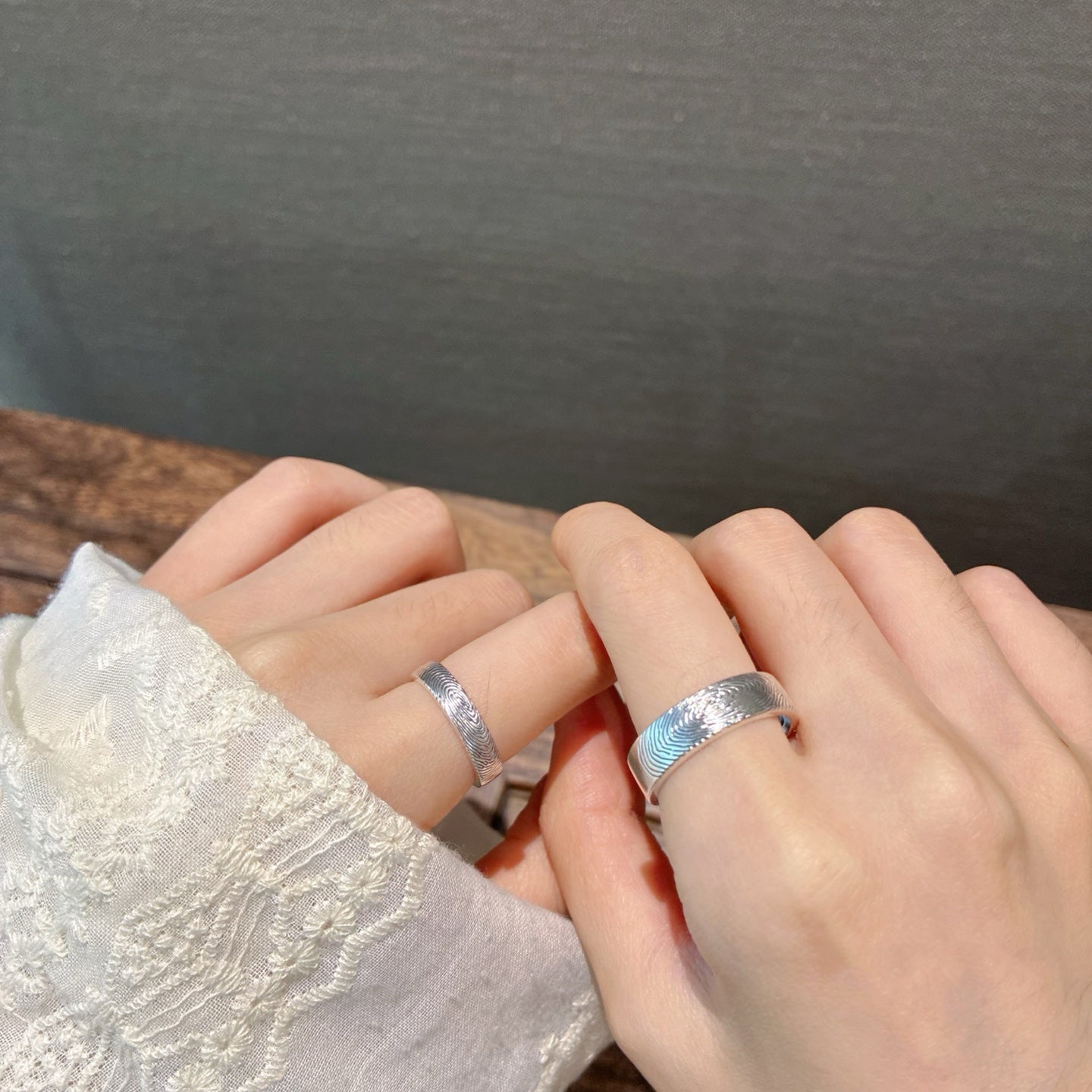 Set Of 2 999 Sterling Silver Engraved Fingerprint Rings, Elegant Sentimental Style, Ideal For Anniversaries & Wedding Gifts