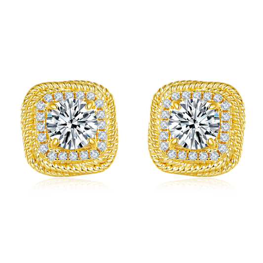 S925 Sterling Silver Gold Plated Cushion Stud Earrings, 6.5mm D-VVS1 Moissanite, Rope Edge Halo Design, 5.4g Women's Jewelry Gift Box