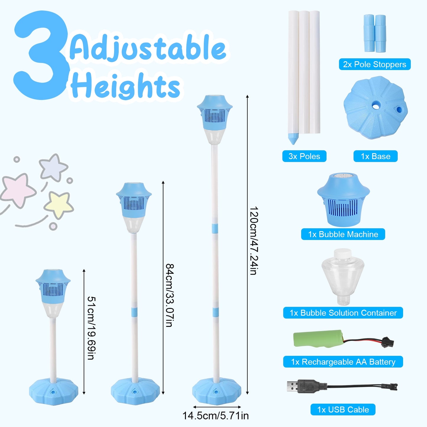 1Pc 3 In 1 Standing Bubble Machine With Colorful Lights And Music Rechargeable Bubble Maker Stand With 2 Modes 3 Adjustable Height For Party Wedding Indoor Outdoor Occasions Pets Kids Aged 3 Above