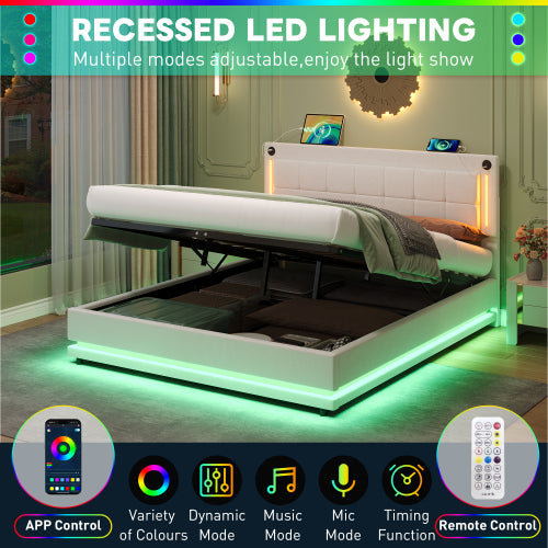 4ft6 Double LED Hydraulic Bed With Charging Station, Adjustable Square Tufted Headboard With Intelligent Control Light, Soft Velvet Bed Frame With USB And Type - C Ports, Beige