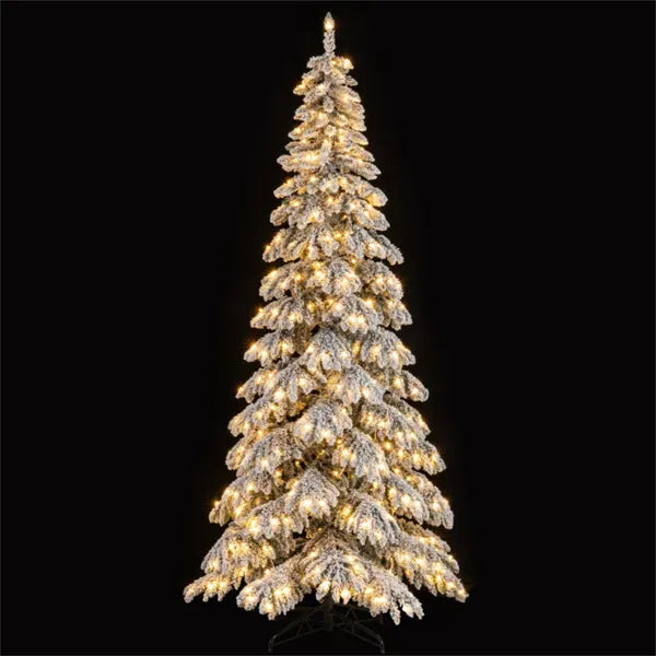 9ft Pre-Lit Snow Flocked Christmas Tree - 500 Warm White LEDs, 1223 Branch Tips, 3 Lighting Modes (White)