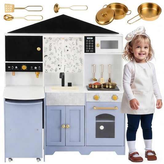Children's Kitchen, Play Kitchen - Creative House Design, Accessories And Surprise Effects, Suitable For Children Aged 3 And Up, Wood  Plastic, White  Purple, 60x90x105cm