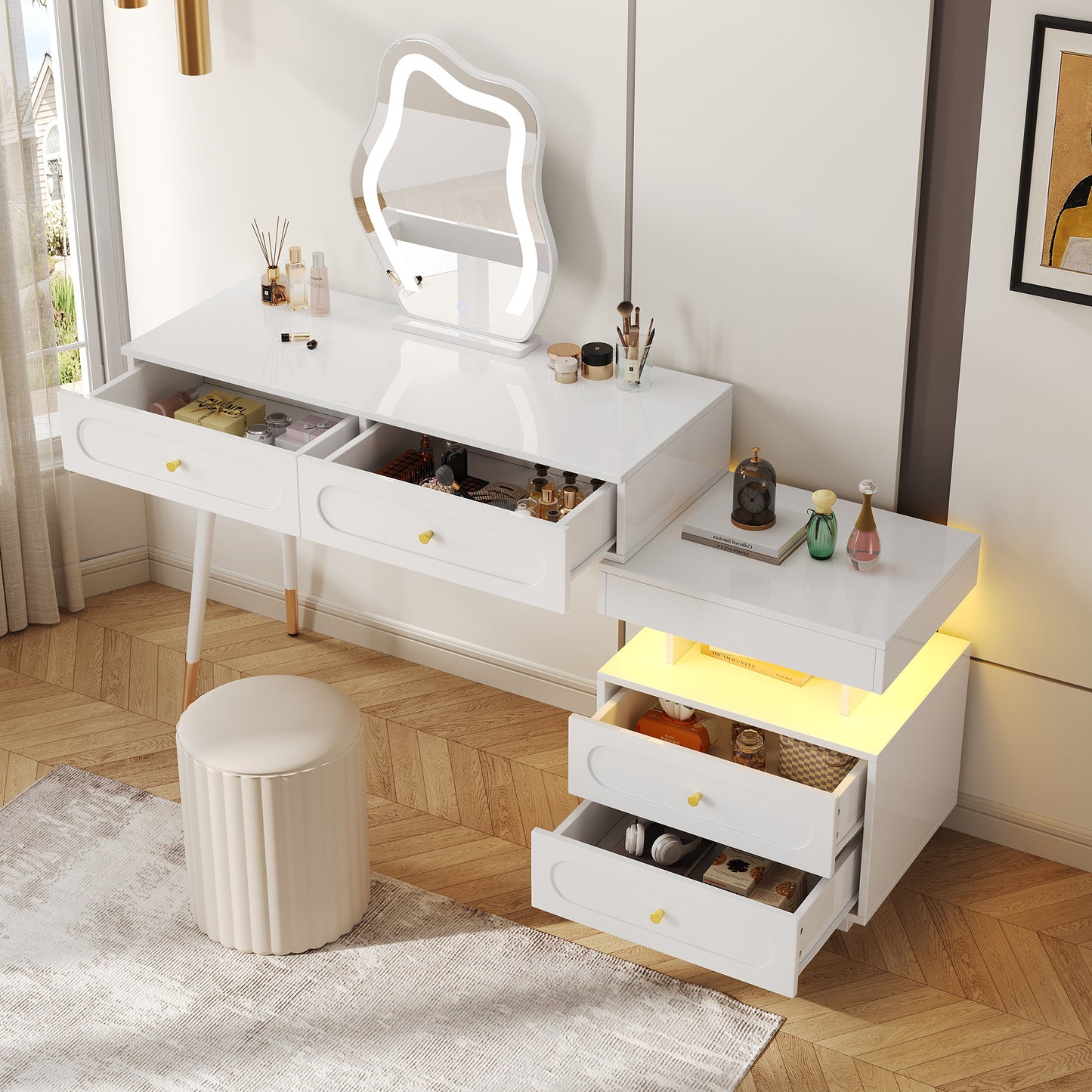 Dressing Table With LED Mirror And Lighting - White Dressing Table Set For Bedroom With 4 Spacious Drawers And 1 Open Storage Compartment - White, Dimensions W140 D40 H130 Cm Without Stool