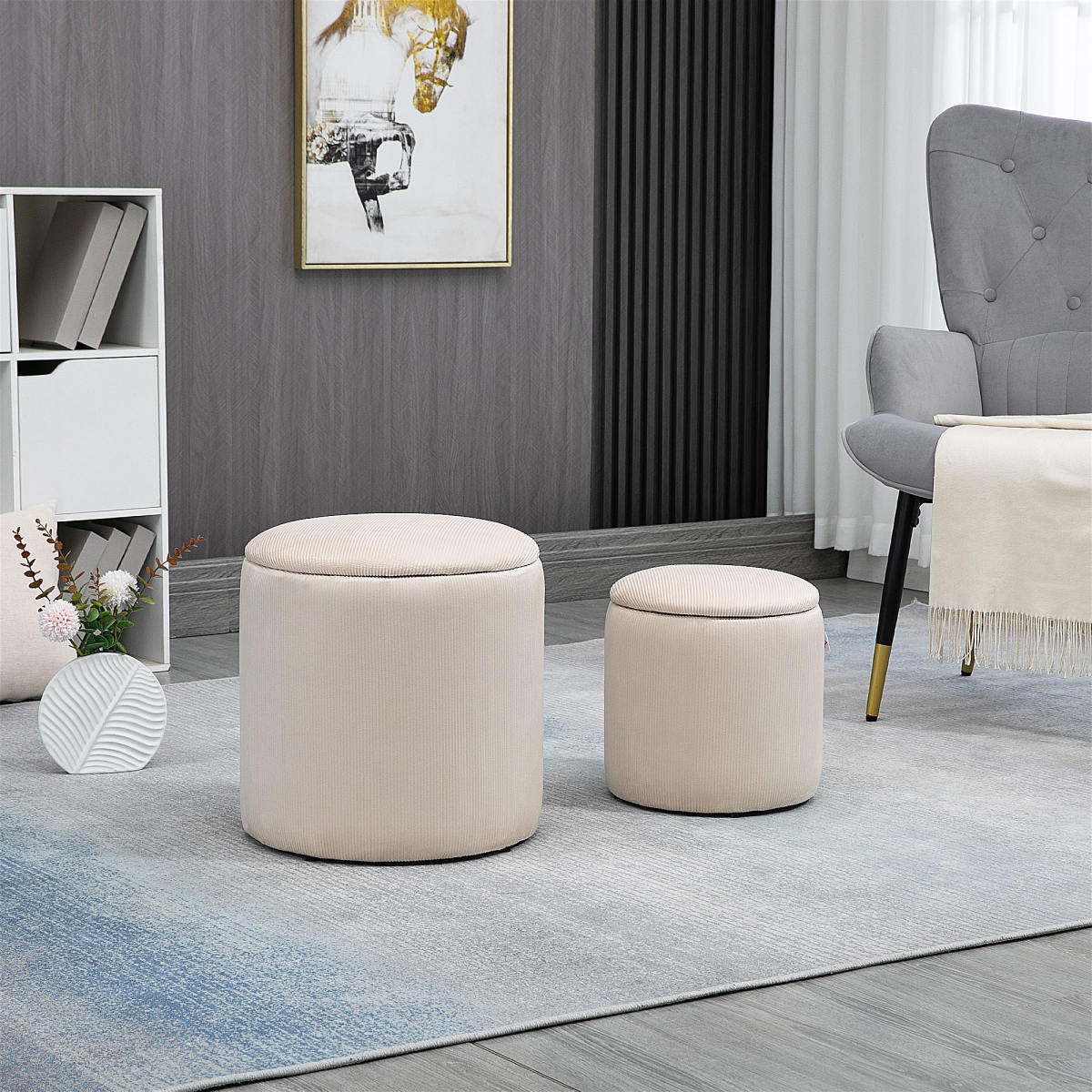 Set Of 2 Round Ottoman With Storage, Fabric Vanity Stool For Makeup, Footrest Stool With Removable Lid For Living Room & Bedroom, Cream White