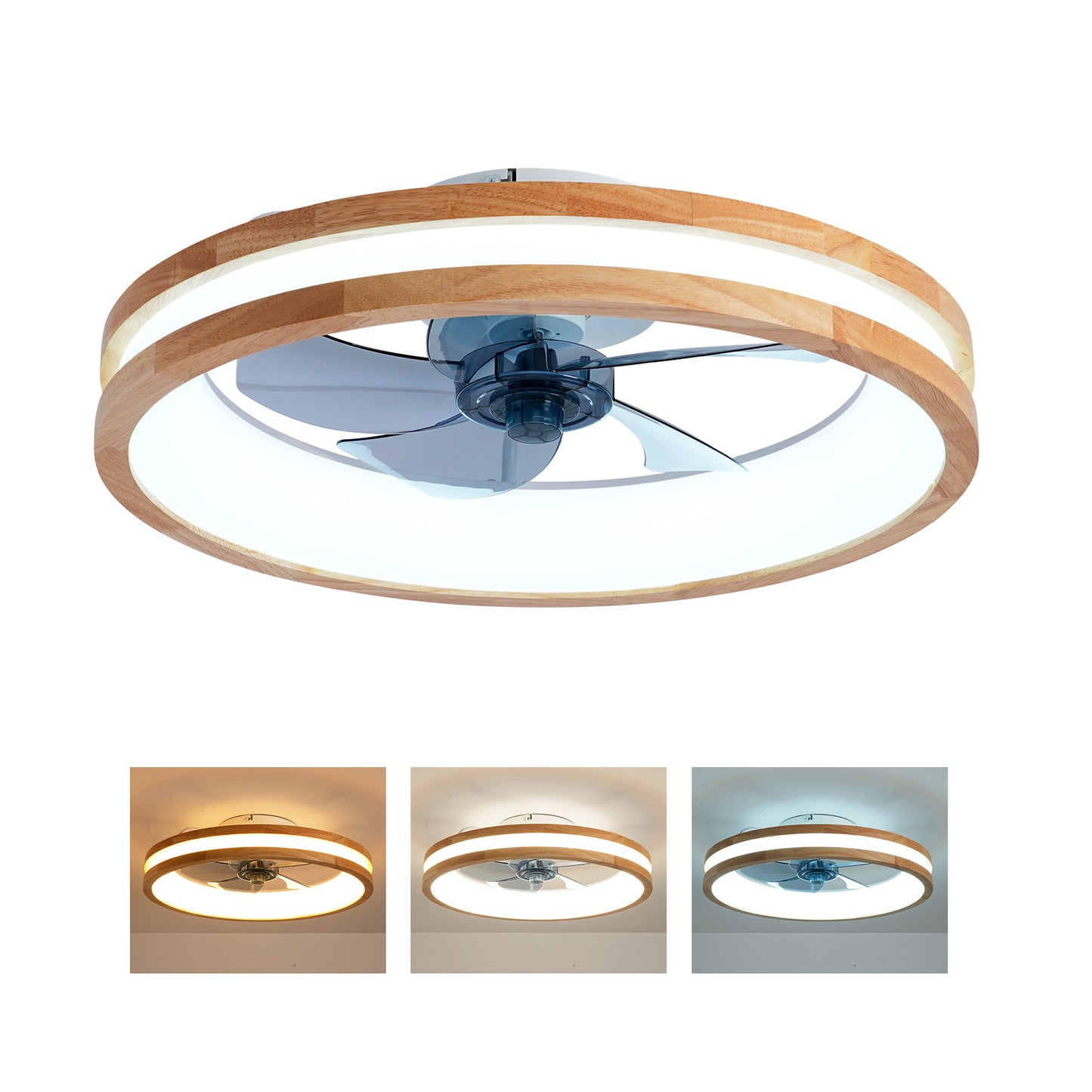Ceiling Fans With Kit ,LED Light Source And Remote Control, 3000-6500K Dimmable Modern Flush Mount LED Fan Light, 6 Speeds, Quiet DC Motor For Living Room, Bedroom,Kitchen----Natural Wood   White