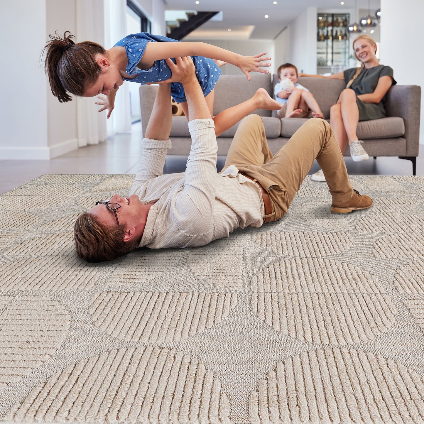 Step Collection High-Low Beige Indoor Area Rug, 7'9''x10', Modern, Contemporary, Geometric, Bohemian, Bedroom, Kitchen, Living Room, Non Shedding Carpet