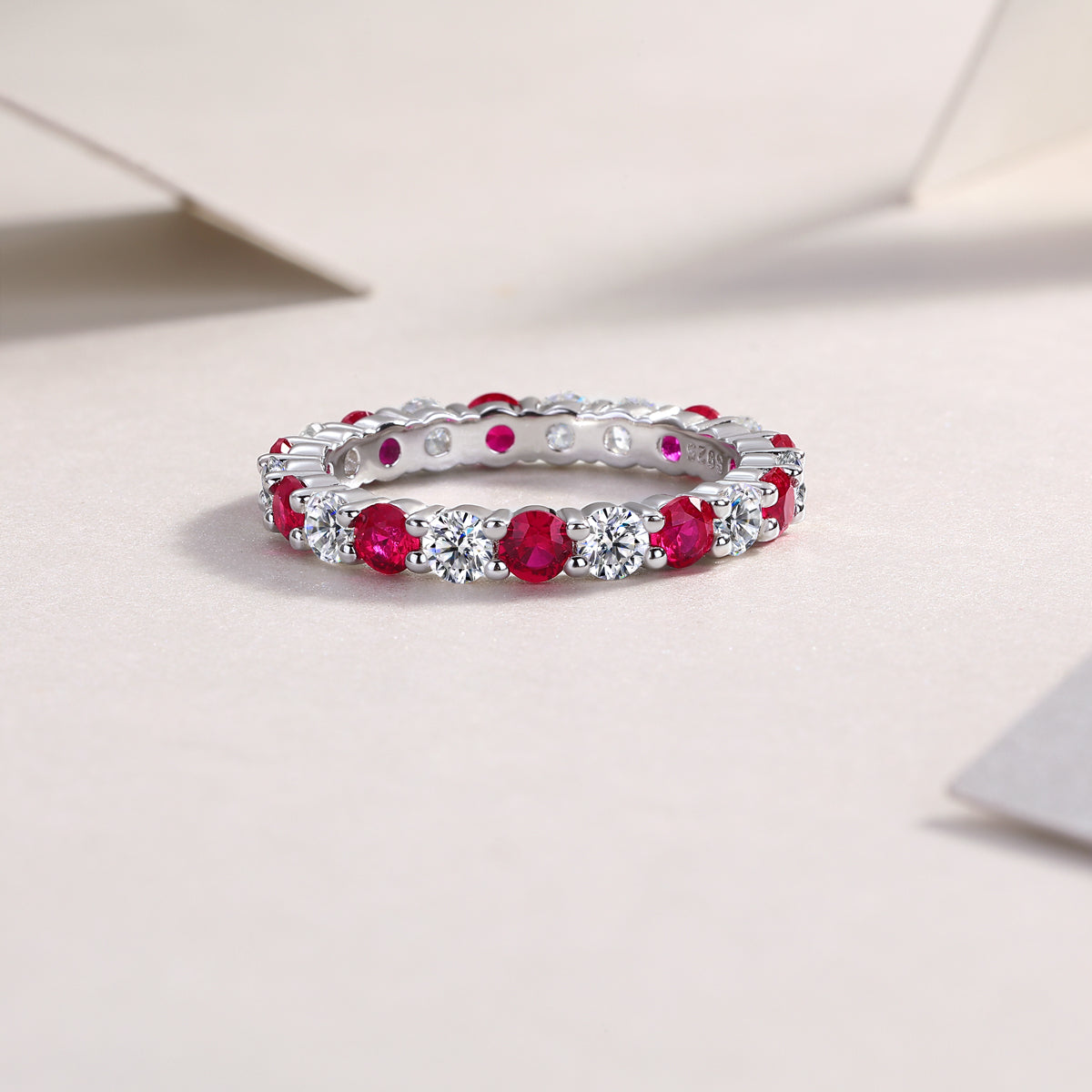 2.4g S925 Sterling Silver Platinum Plated Ring  Synthetic Ruby & White Stone Alternating Eternity Band, Dainty Promise Ring With Hollow Detailing For Women, Jewelry Gift Box Set