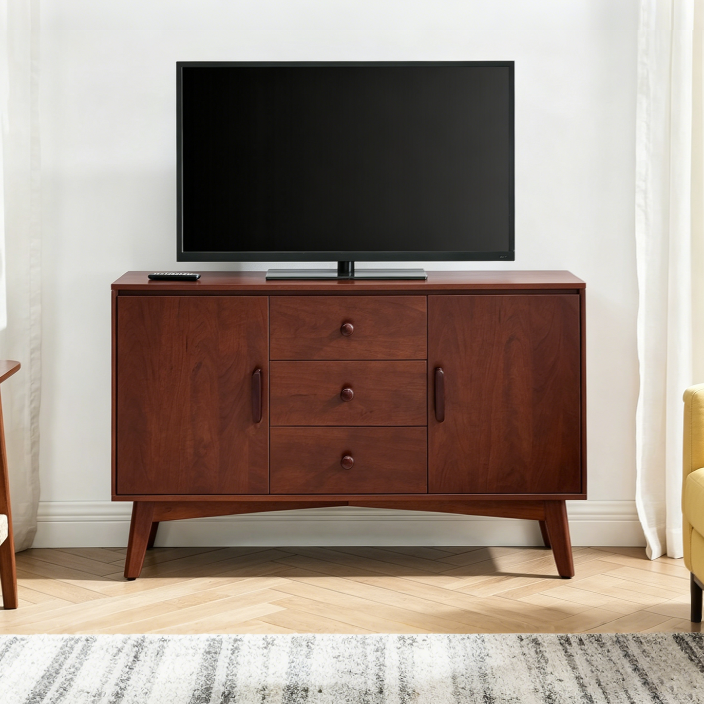 47.3  Mid Century Modern Sideboard Buffet Cabinet, Kitchen Buffet Cabinet With Solid Wood Frame Legs & Wooden Handle, Storage Cabinet With 2 Doors And 3 Drawers For Kitchen,Dining,Living Room, Walnut