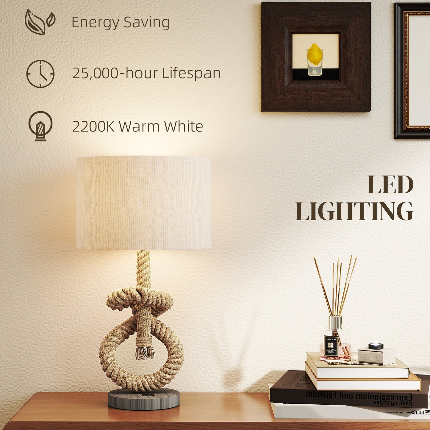 Nautical LED Table Lamp With USB Charging Port, Bedside Desk Lamp For Bedroom, Living Room, Home Office
