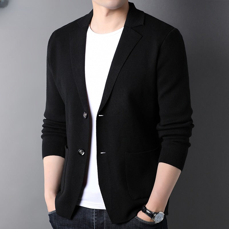 Mens Wool Knit Suit Jacket Korean-Style Trendy Sweater