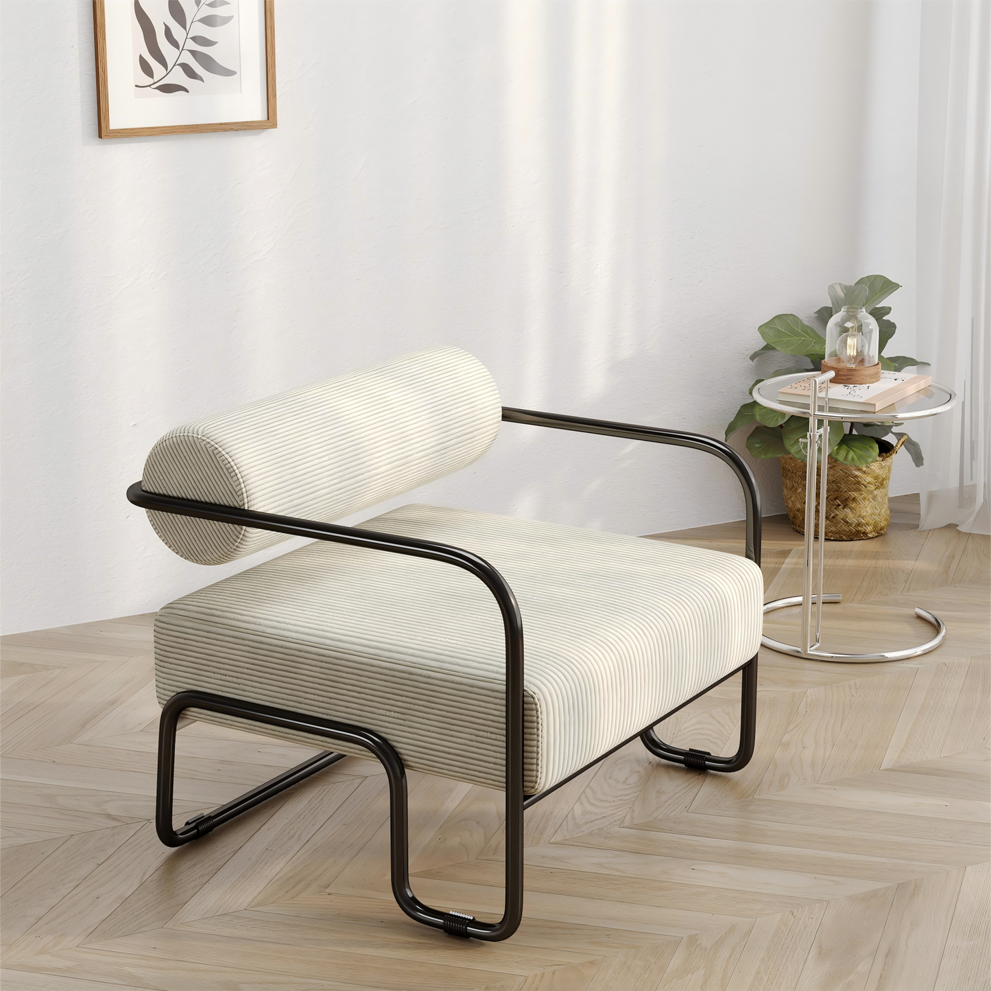 Modern Leather Armchair With Stylish Backrest 68.5x73x70.5CM - Covering In Soft Corduroy  Black Metal Frame. Minimalist Design For Living Room, Bedroom Or Office