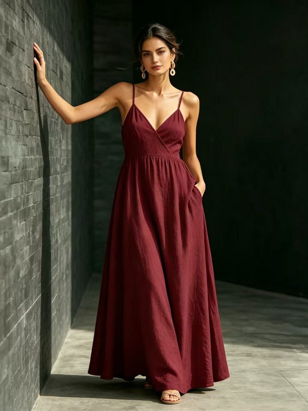 Summer V-Neck Spaghetti Strap Maxi Dress With Pockets - Elegant Vacation & Office Wear For Women