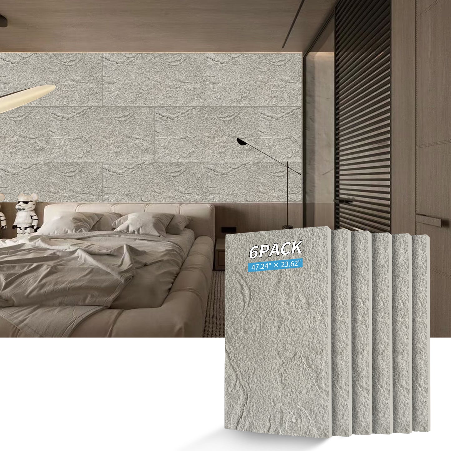 3D Faux Stone Wall Panels, 6 PCS PU Wainscoting Panel For Interior Wall Decor, Flame-resistant & Lightweight & Waterproof, For TV Wall, Office, Living Room, 47.24  X 23.62  Stone Skin  Clear Grey