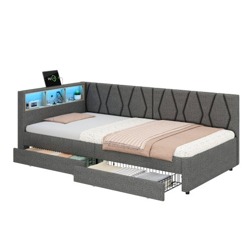 3ft Single Daybed With Two Storage Drawers, LED Modern Bed Frame With Charging Station, Linen Sofa Bed For Living Room Bedroom Study Room, 90X190cm, Easy Assembly, Grey