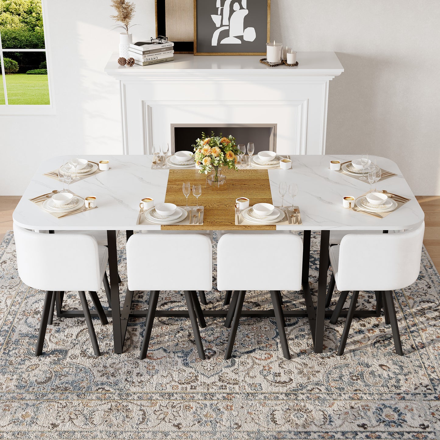 9-Piece Square Dining Table Set, Fixed White Faux Marble & Wood Grain Triamine Tabletop With 8 White Faux Leather Chairs, Modern Kitchen Table Set For 8 People, Ideal For Family Gatherings