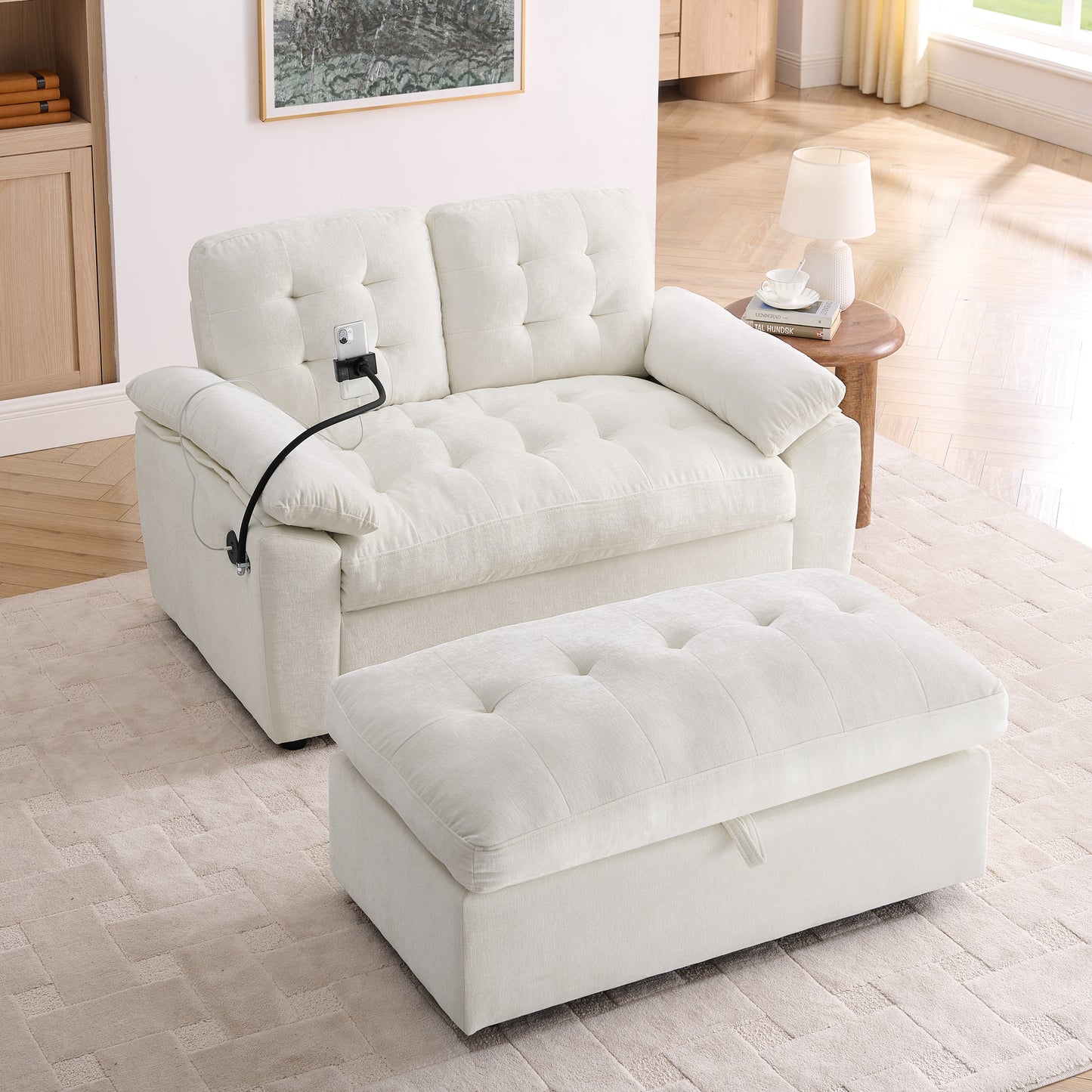 Leisure Sofa Chair,Double Sofa Recliner, With Manually Adjustable Backrest, Soft Padded Armrests, Side USB Charging Port And Phone Stand, Comes With A Matching Storage Ottoman-Beige