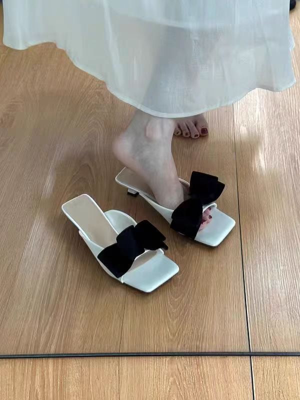 Women's French Bow Sweet Square Toe Slide Sandals, Summer Outdoor Wear Anti-Slip Thin Low Heel Mules, Match With Dresses