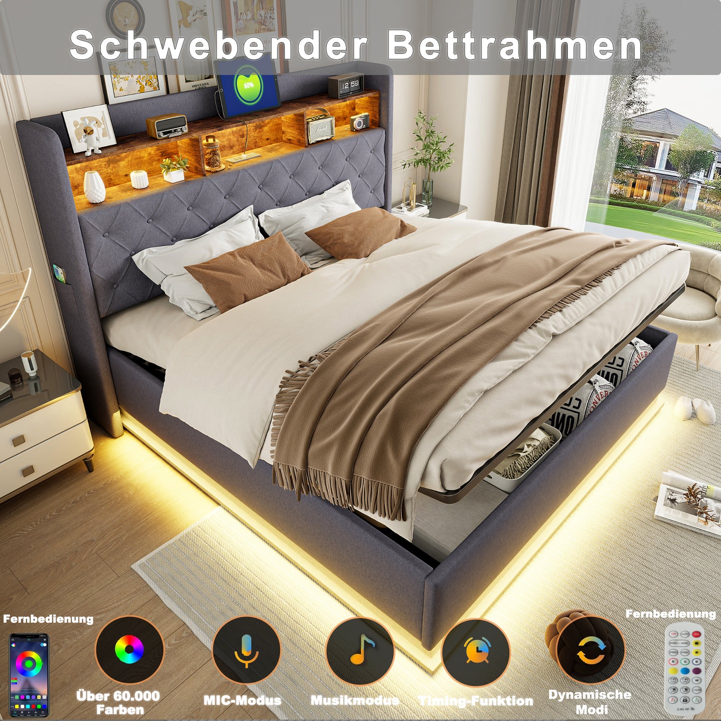 LED Upholstered Bed 160 X 200 Cm, Upholstered Storage Bed With USB Charging Port And Hydraulic Storage, Skin-friendly Linen Fabric, Grey