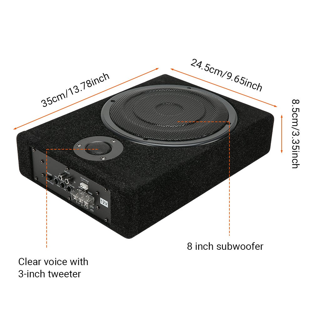 800W 8in  Car Under Seat Active Subwoofer Slim Amplified Sub Audio Speaker Kit 12V