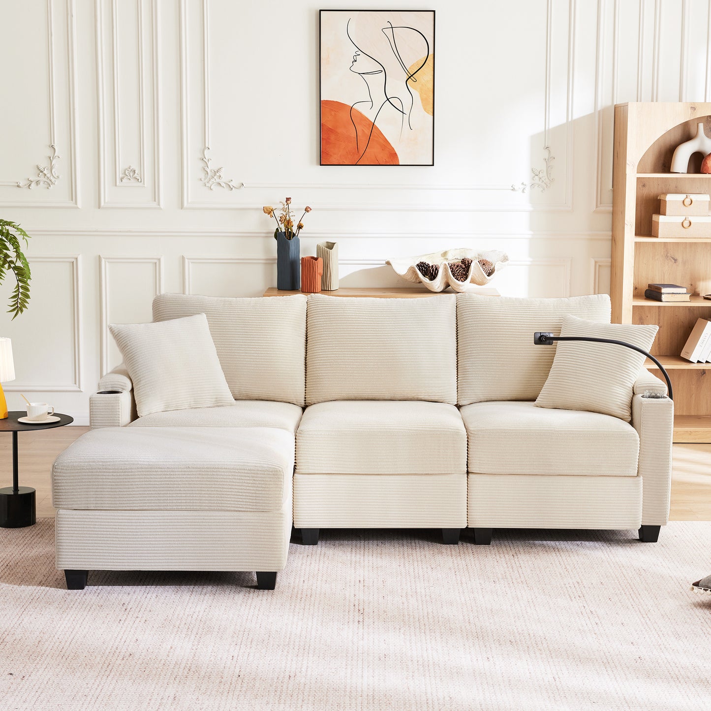 L-Shaped Corner Sofa, Convertible 3 Seater Sofa With Footstool, Cup Holder, USB Charger, Armrest Rest And 2 Cushions, Suitable For Living Room Office Apartment, Beige