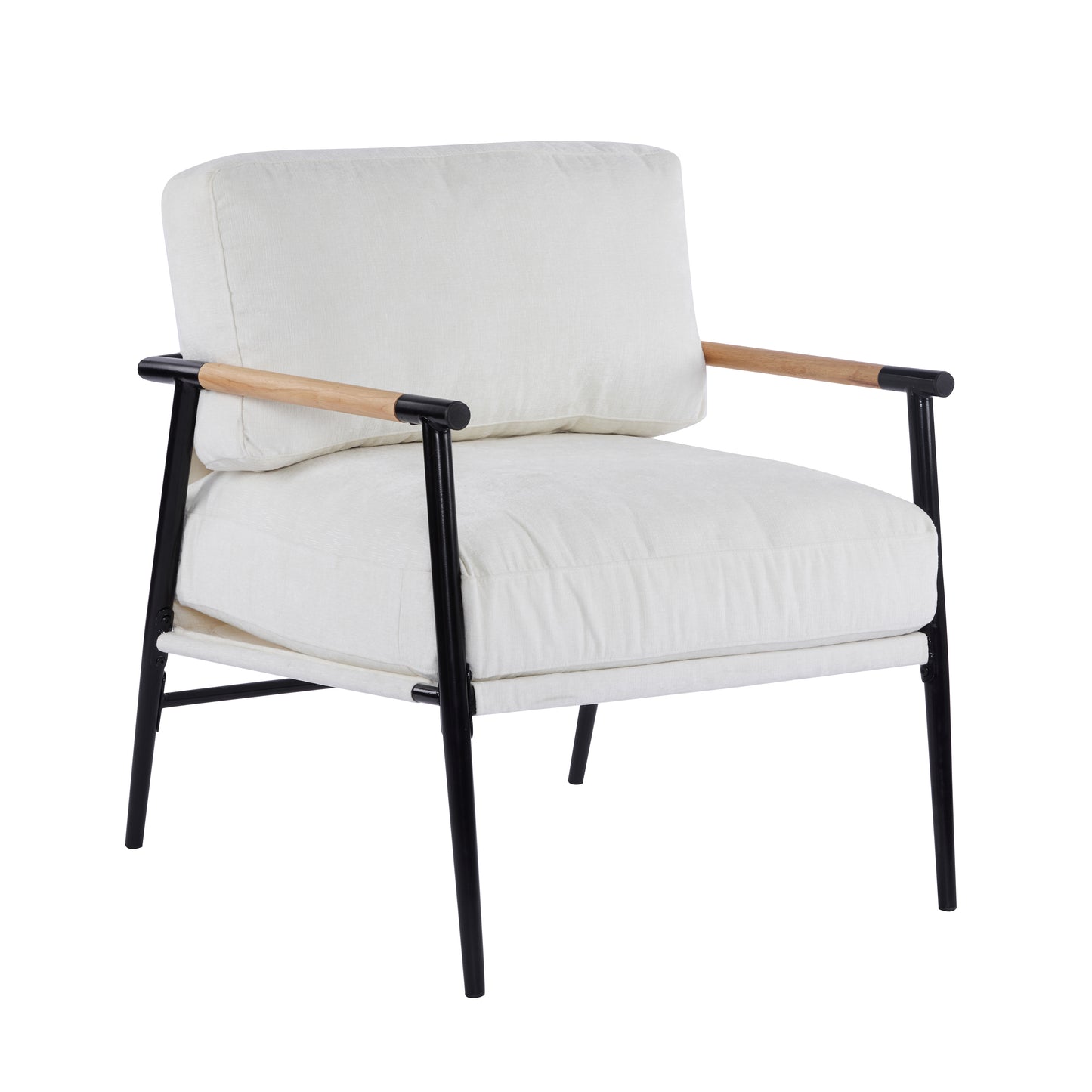 27.56  Modern Accent Chair With Plush Cushions, Minimalist Metal Frame, And Wooden Armrest Design -Perfect For Cozy Living Room, Bedroom, Or Office Seating
